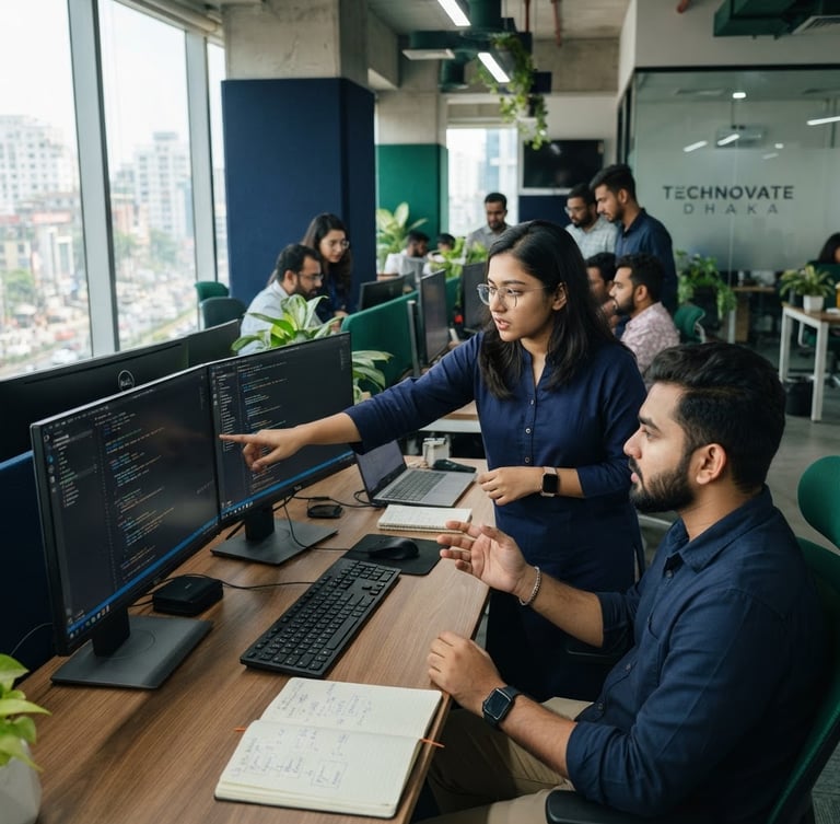 Professional Bangladeshi software engineers collaborating in a modern, bright office in Dhaka, dual monitors displaying clean code interfaces, natural daylight, deep navy and emerald accents, wide cinematic shot