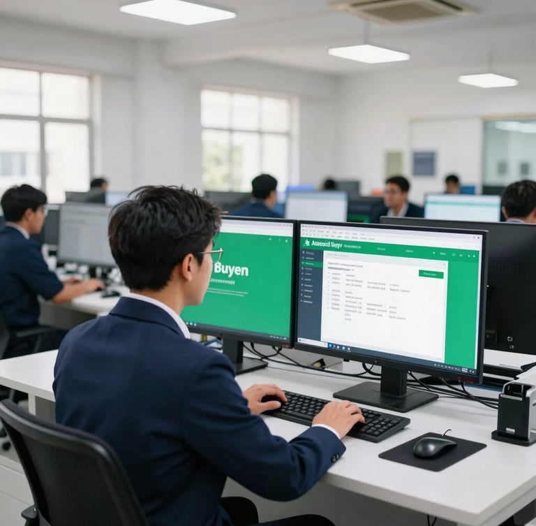 Wide shot of a modern garment factory office in Dhaka, a merchandiser working efficiently on a clean dual-monitor setup, screen showing an automated buyer portal interface, bright daylight, navy and emerald accents.