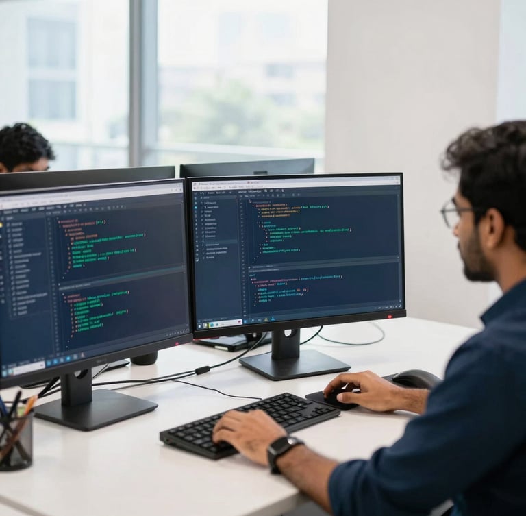 Bright natural daylight office in Gulshan-2 Dhaka, professional software developers collaborating around dual monitors showing clean code interfaces, deep navy and emerald accents, sharp focus, 35mm