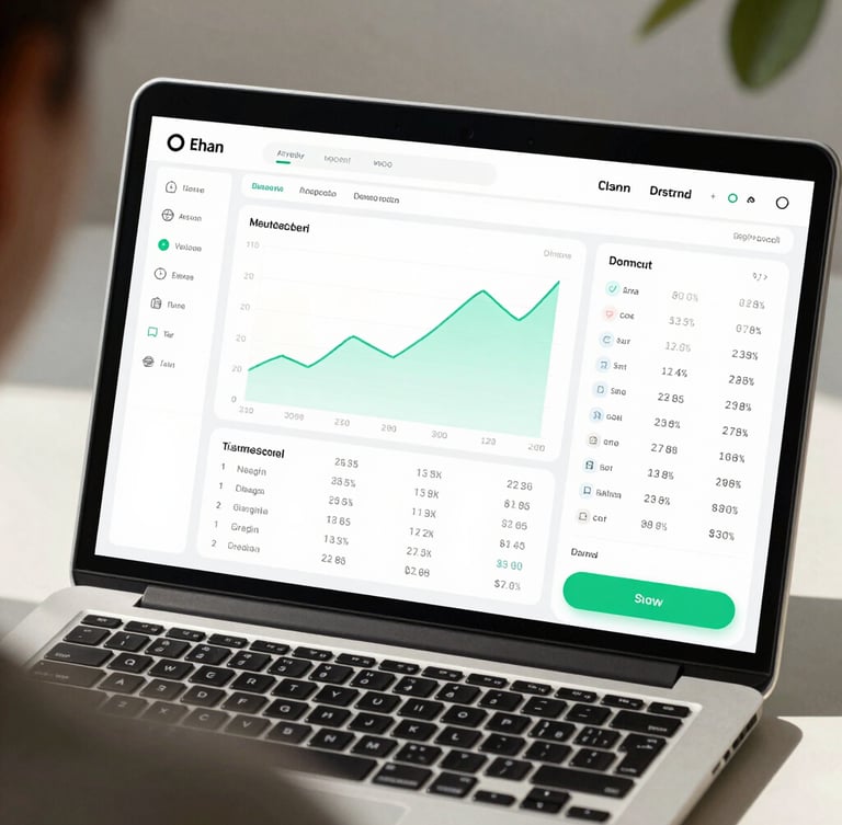 Clean, high-fidelity UI mockup of a modern financial dashboard on a laptop screen, showing simplified charts, crisp data columns, and a bright mint green action button, natural daylight, soft shadows, over-the-shoulder perspective.