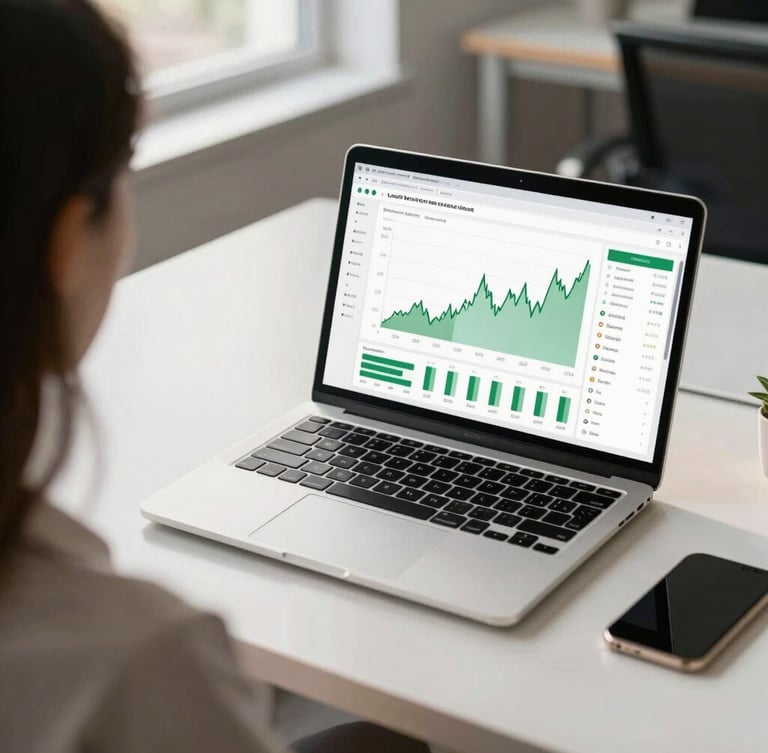 Over-the-shoulder shot of a clean, modern office desk with a laptop displaying a simplified financial dashboard with green charts, bright natural daylight.