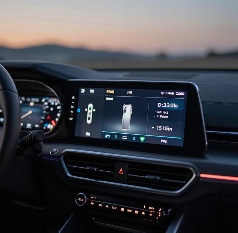 Macro POV shot of a modern car dashboard infotainment screen glowing in a dark cabin at twilight, displaying high-contrast audio channel details, steering wheel controls softly lit in the foreground