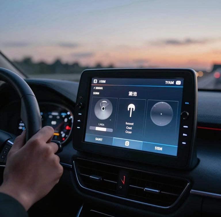 Macro shot of a glowing car infotainment screen displaying satellite radio channels, hand on steering wheel, twilight highway background