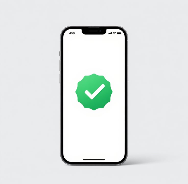 Bright high-key studio shot of a modern smartphone displaying a green verified badge, clean light gray background, sharp focus, tech-utility commercial aesthetic