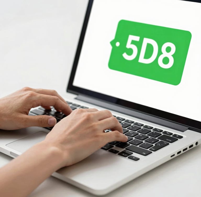Bright high-key close-up of hands typing on a sleek laptop with a green discount tag graphic on screen, clean studio lighting