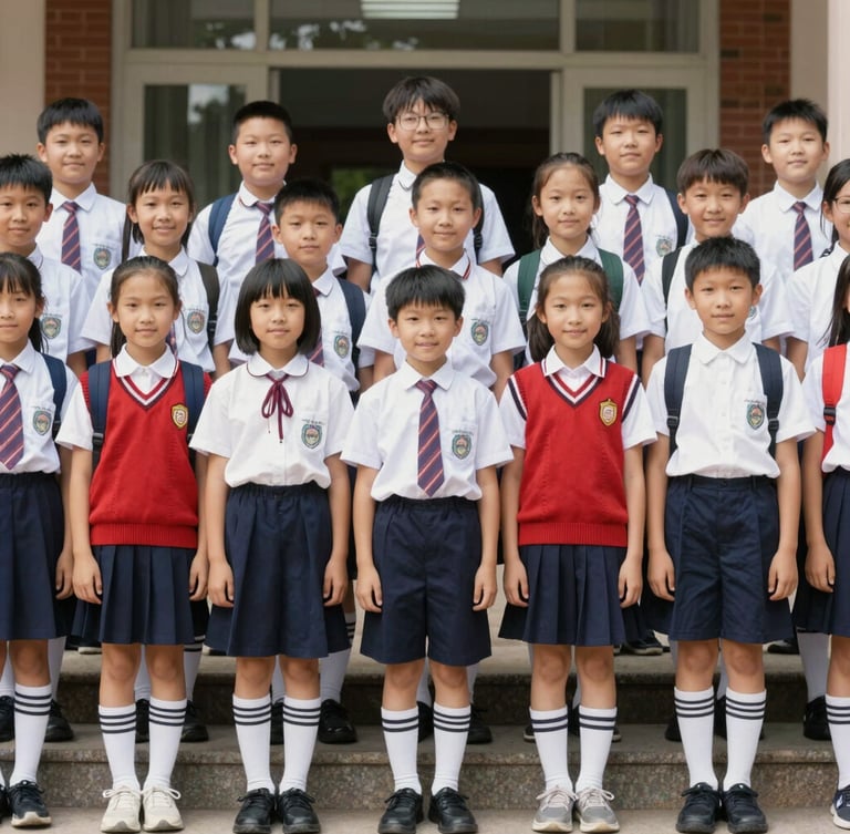 A formal yet warm group portrait of upper primary graduating students in school uniforms, standing on the campus steps, bright natural daylight, 35mm lens