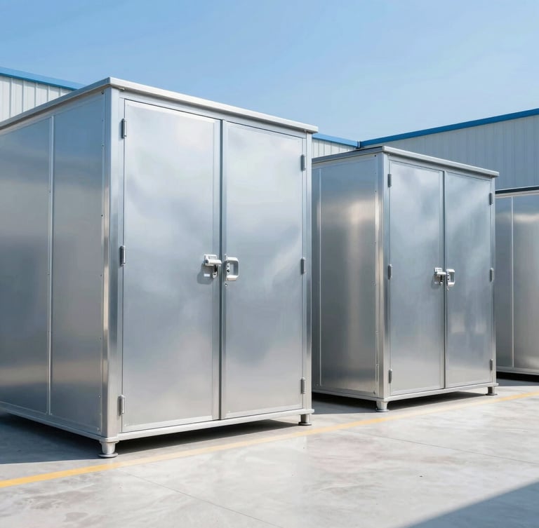 Pristine, modern industrial cold-storage warehouse with stainless steel racking, bright clinical daylight, crisp blue-tinted atmosphere, sharp focus.