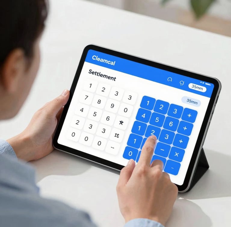 Over-the-shoulder shot of a person using a clean legal settlement calculator on a modern tablet, bright natural daylight, vibrant blue interface accents, 35mm