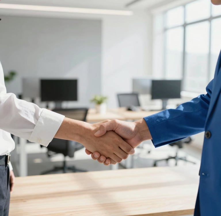 Two people in a bright modern workspace shaking hands warmly over a wooden table, sunlit room, clean slate gray accents, professional and empathetic atmosphere, shallow depth of field, 35mm