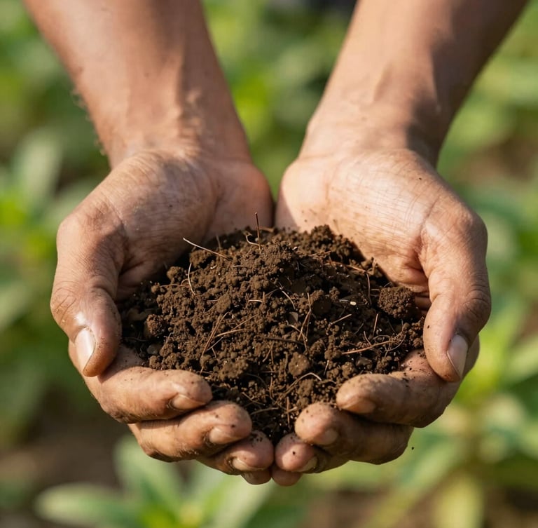 Close-up of healthy dark soil in Andhra Pradesh held in hands, morning sunlight highlighting the rich organic texture, sharp focus