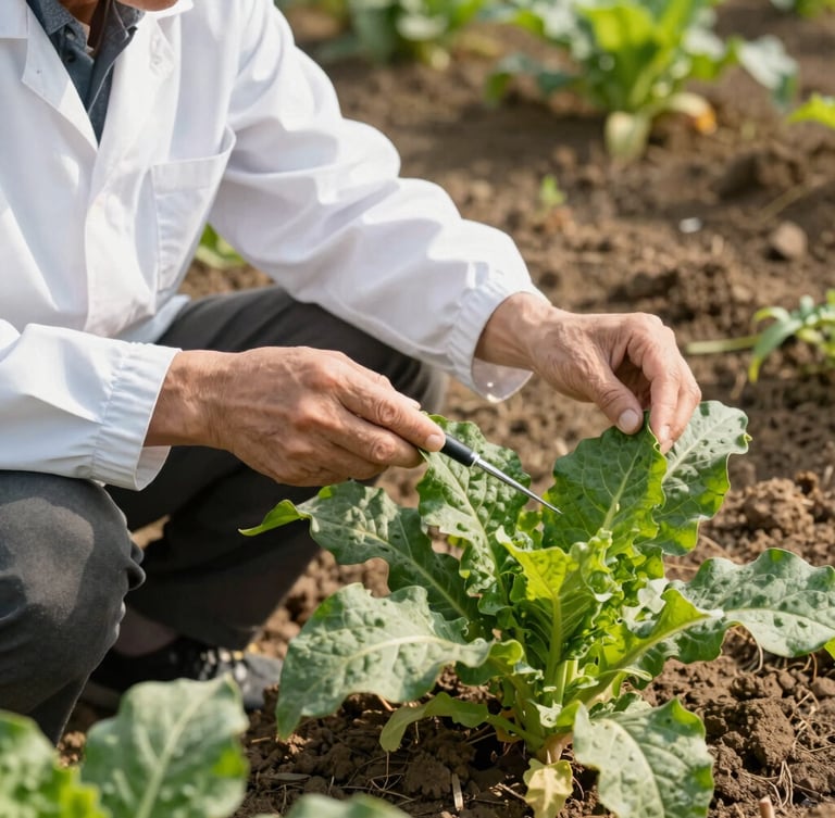 A crisp medium shot of a professional agronomist examining healthy green crop leaves in bright morning sunlight, scientific agricultural tools visible, rich soil background