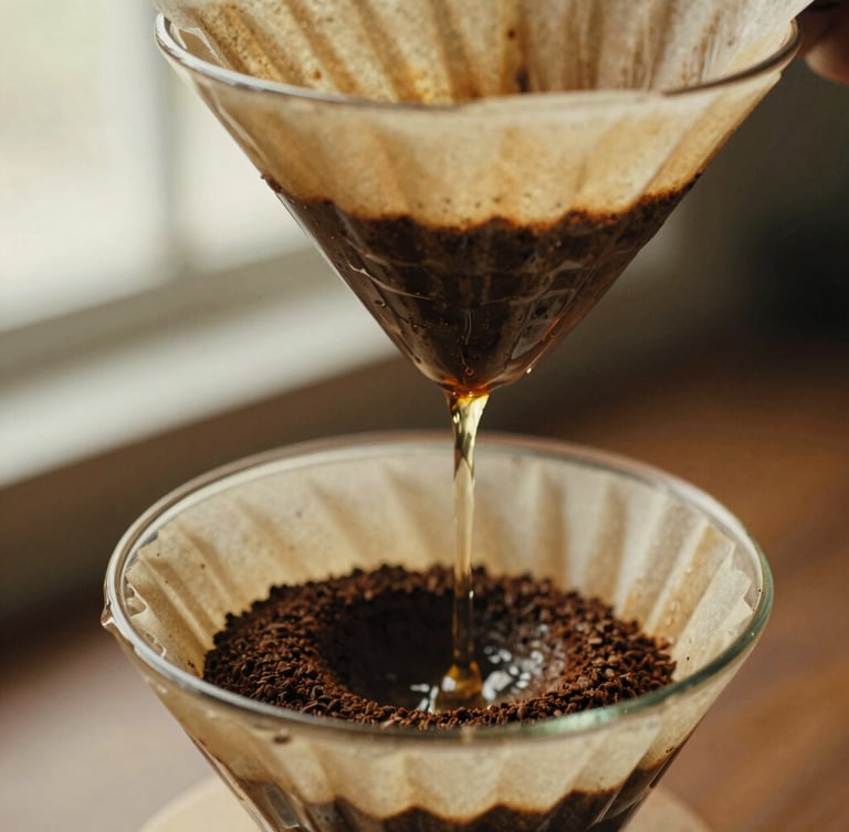 Close-up of slow-motion water pouring over coffee grounds during the bloom in a glass dripper, warm side-lighting, rich amber tones