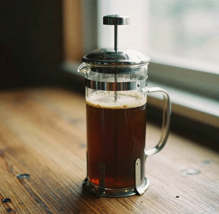 A glass French press filled with dark coffee, a thick layer of crema on top, sitting on a rustic wooden table, warm window light, 35mm film