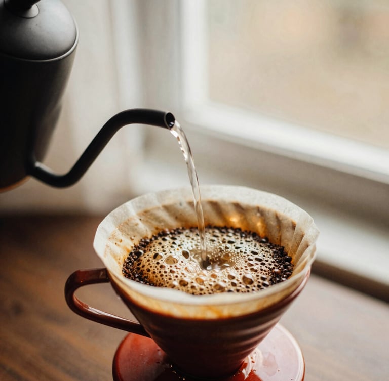 Slow-motion hot water pouring from a gooseneck kettle over coffee grounds in a ceramic dripper, showing the active bubbling bloom, warm side-lighting