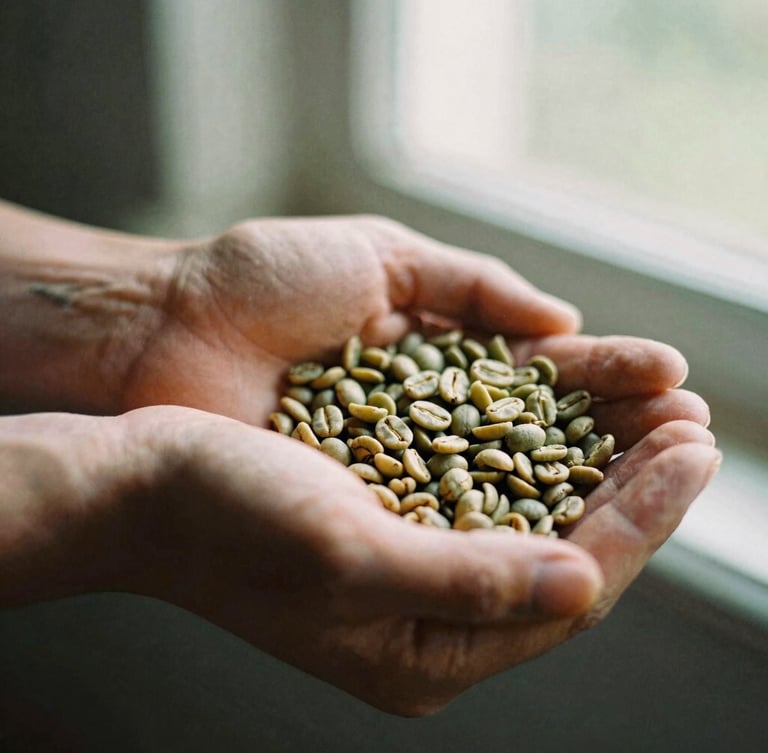 Close-up of raw, green coffee beans held in weathered hands, soft morning window light, warm shallow depth of field, 35mm film