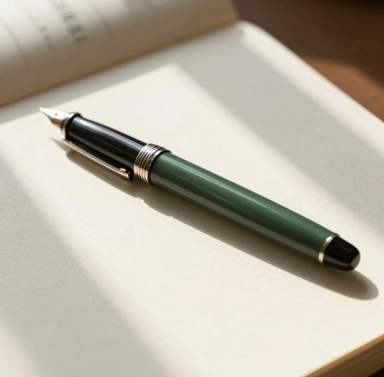 A close-up of a classic fountain pen resting on a clean financial ledger, warm natural window light casting soft shadows across the textured cream paper.