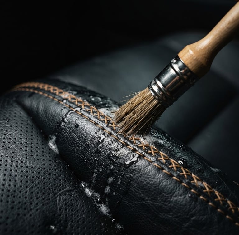 Macro shot of detailing brush cleaning intricate leather stitching on a luxury car seat, dramatic high-contrast studio lighting, deep metallic tones, sharp focus, 50mm lens