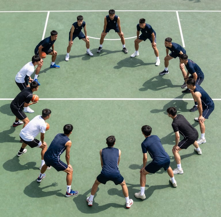 Overhead high-contrast shot of players arranged in structured drill formations on a crisp court green surface, bright outdoor sunlight.