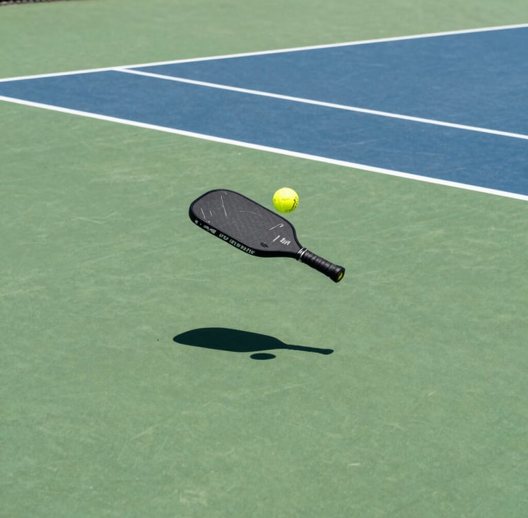 Dynamic low-angle action shot of a pickleball paddle striking an optic yellow ball mid-air, bright Florida sunlight casting sharp shadows on a clean green court.