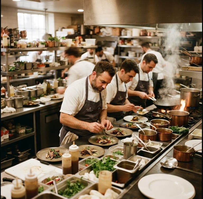 Wide shot of a bustling restaurant kitchen during Friday night rush, chefs plating dishes, steam rising, natural warm light, shallow depth of field, 35mm film.