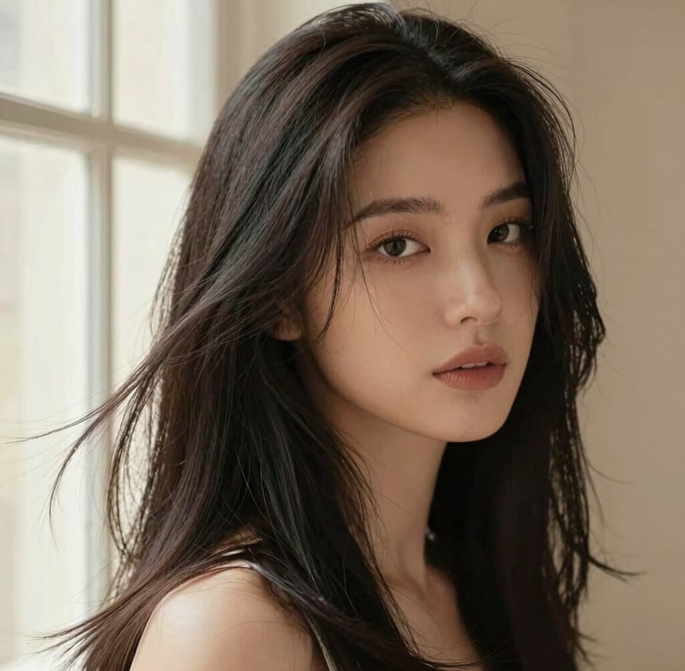 Editorial close-up portrait of a woman with healthy, flowing dark hair showing natural texture and high shine, soft side lighting from a window, warm champagne undertones, shallow depth of field