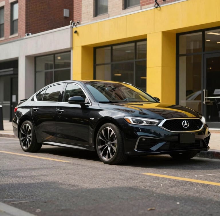 Professional automotive photography of a clean modern black sedan parked on a Baltimore street, crisp urban daylight, high-contrast yellow accents.