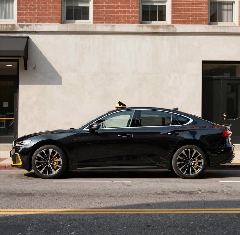 Side view of a clean modern black sedan parked on a Baltimore street during bright daylight, yellow taxi accents, sharp focus, professional automotive photography