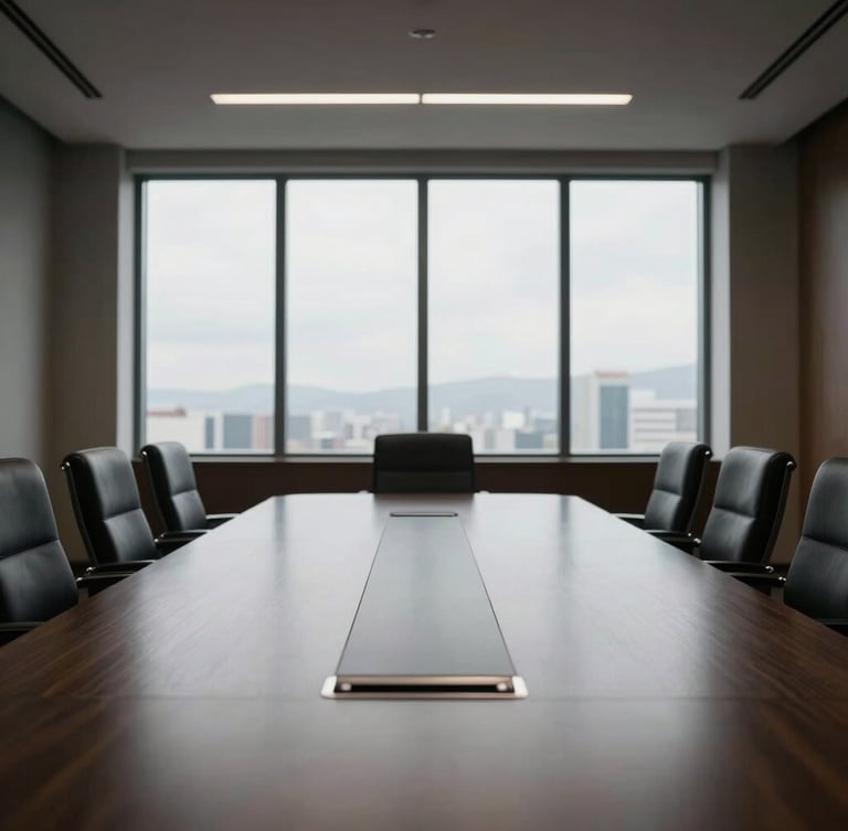 An empty luxury executive boardroom in Bogotá, diffused natural window light, muted corporate tones, high contrast, 35mm architectural lens
