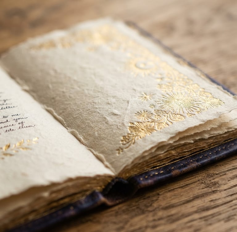 Close-up macro shot of textured linen paper, an open gold-embossed journal, soft morning window light casting gentle shadows