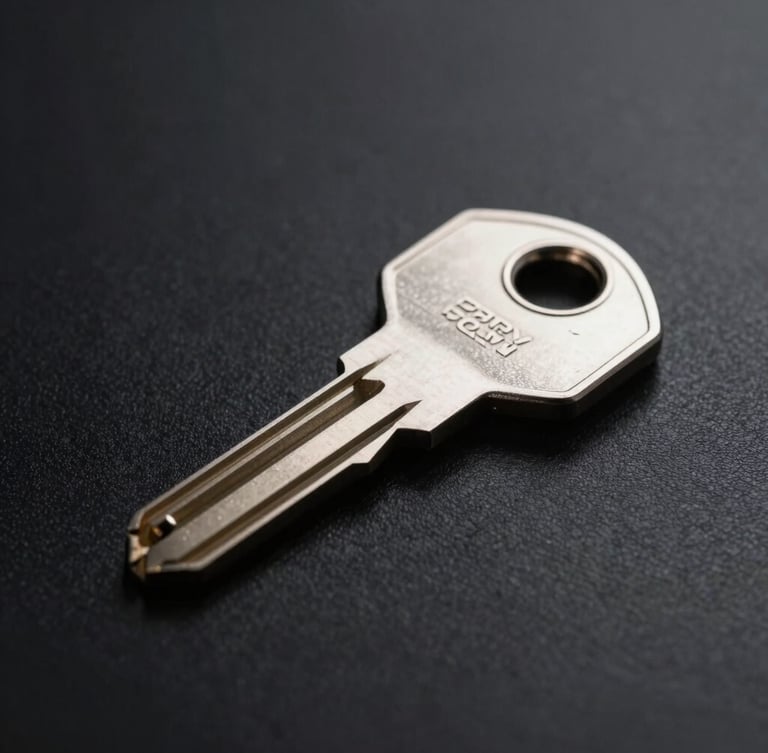 Macro studio shot of a raw titanium cryptographic key resting on a polished black surface, sharp directional lighting, deep shadows, high-contrast minimalist luxury aesthetic.