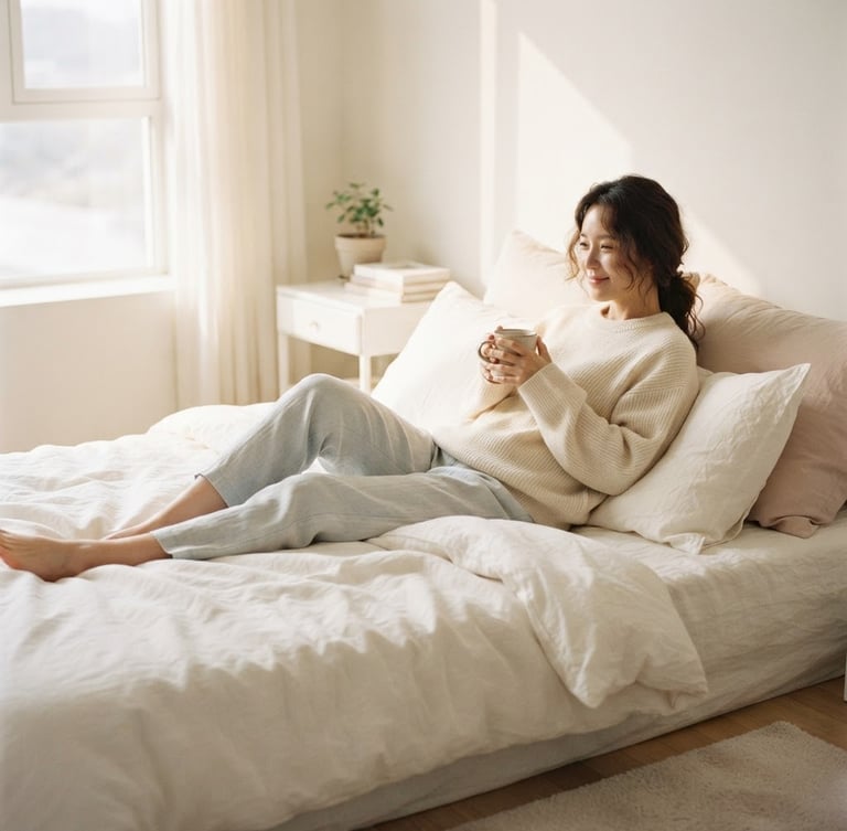 A serene Scandinavian bedroom flooded with soft natural morning light, a beautiful Korean model relaxing on an unmade bed of pure ivory linen, shallow depth of field, 35mm