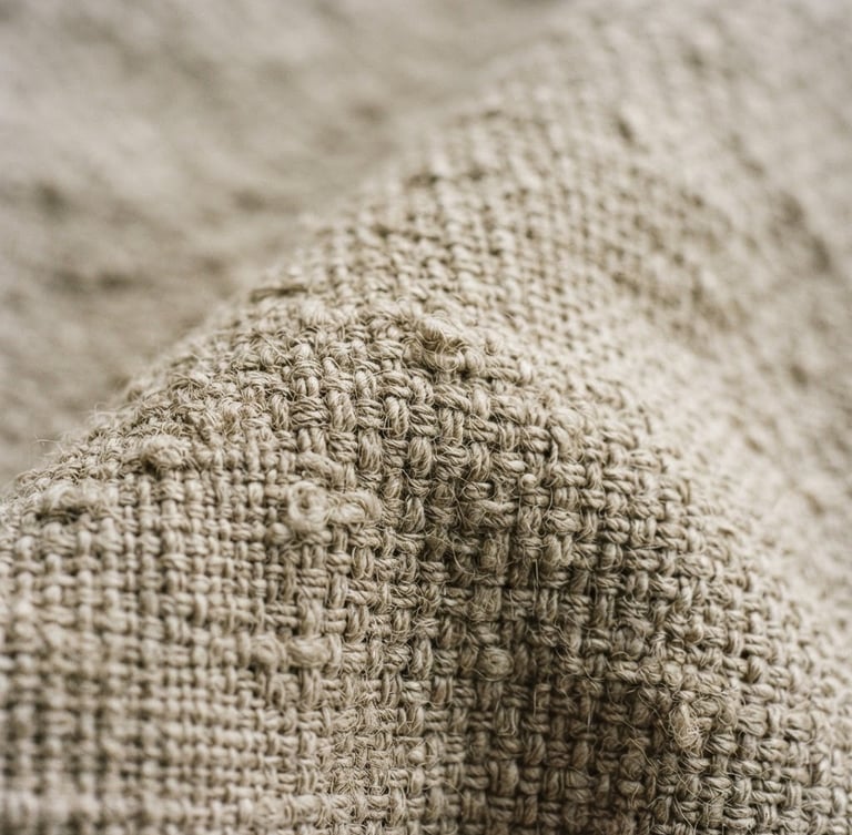 Extreme close-up of stone-washed linen fabric texture, soft natural morning light, neutral plaster background, minimalist editorial style, 35mm film grain