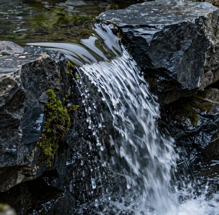 Extreme close-up of water cascading smoothly over dark slate stone, natural overcast daylight, high-contrast architectural photography, 35mm