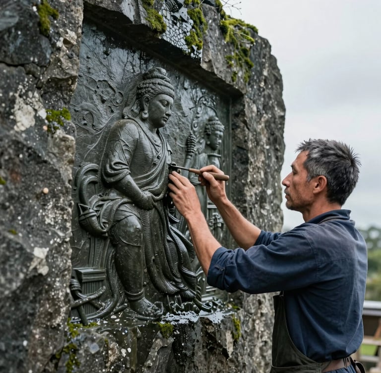 Side-view portrait of a master craftsman detailing a wet stone relief on a massive rock installation, hands holding a carving tool, focus on the sharp stone texture, natural overcast daylight, editorial architectural photography, 35mm