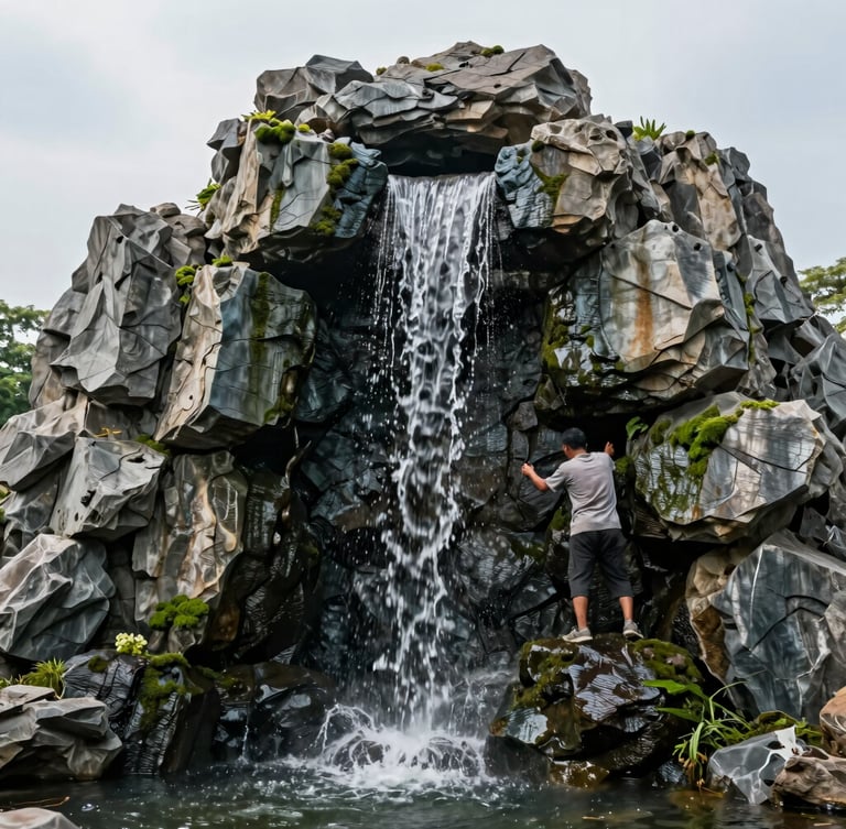 Wide environmental shot of a sculptor detailing a massive artificial rock waterfall installation, soft natural overcast daylight casting gentle shadows on the wet stone