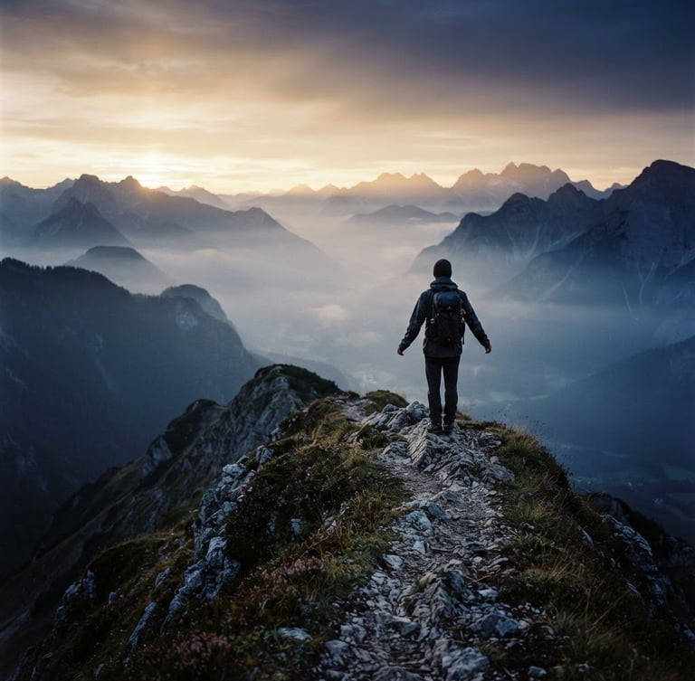 Solitary figure standing on a misty mountain ridge at dawn, ethereal soft golden light, vast silent natural landscape, muted gold and deep indigo tones, 35mm lens