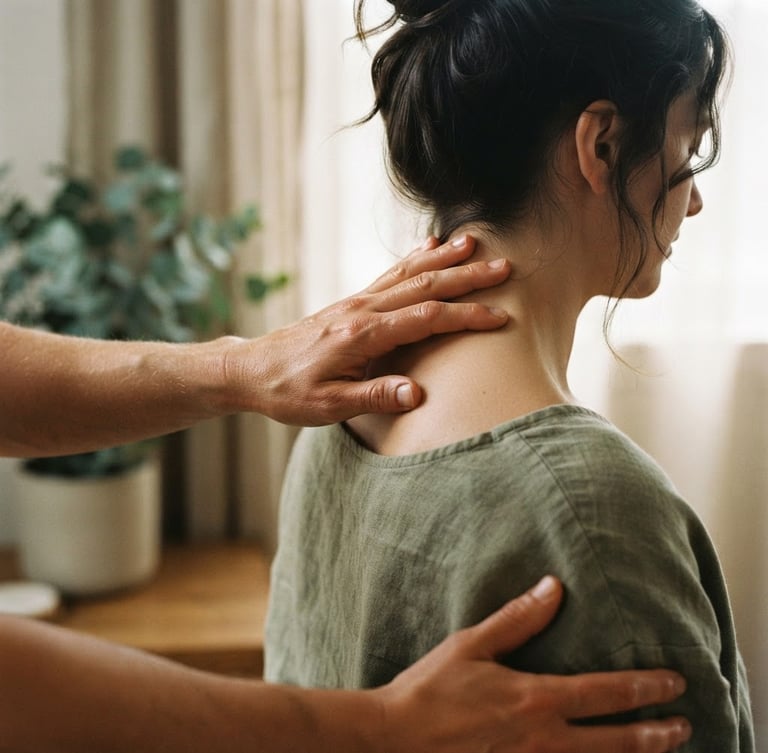 Close-up of warm hands performing a precise, slow massage stroke on a shoulder, soft diffused window light, muted eucalyptus tones, shallow depth of field, 35mm