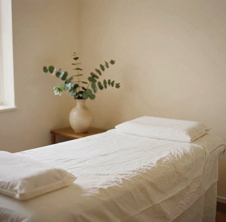 An empty, warm-toned treatment room with clean linen sheets on a heated table, soft shadows, eucalyptus leaves in a ceramic vase, warm editorial photography, 35mm