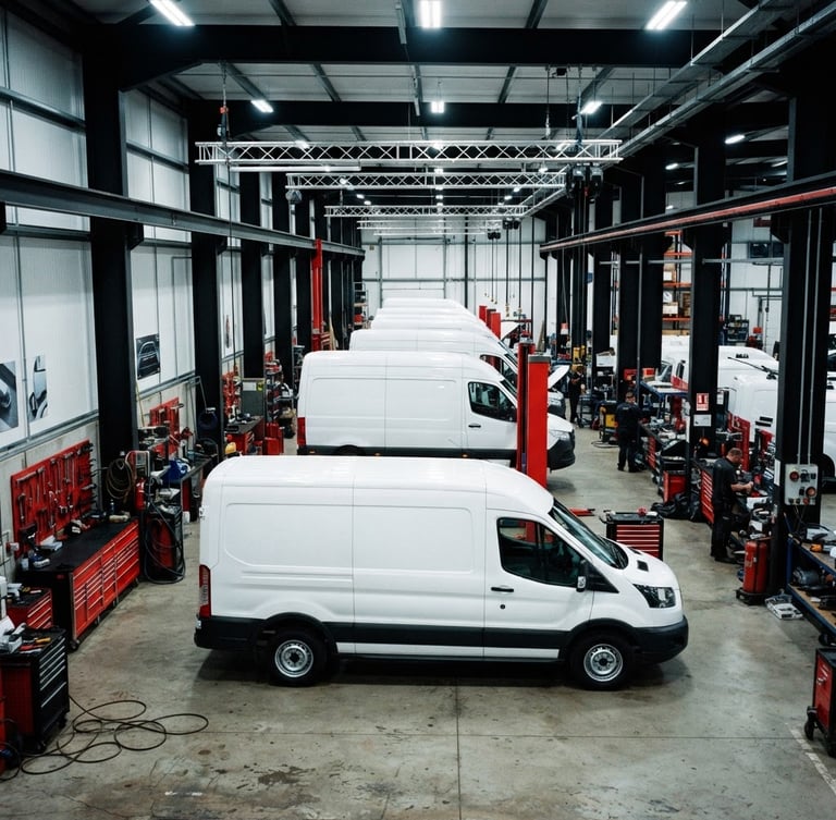 Wide environmental shot of white commercial vans parked in a clean, modern industrial workshop bay, bright cool-toned overhead lighting, high-contrast black and red tones, sharp details, 35mm photography