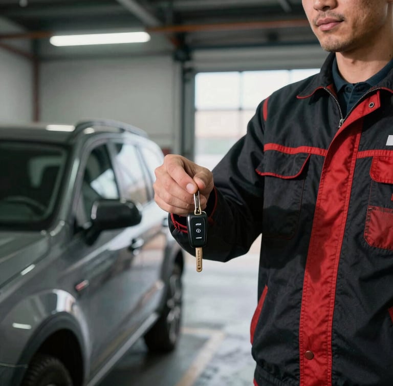 Medium-close shot of a mechanic handing van keys to a delivery driver in a brightly lit industrial garage, sharp details, cool workshop lighting