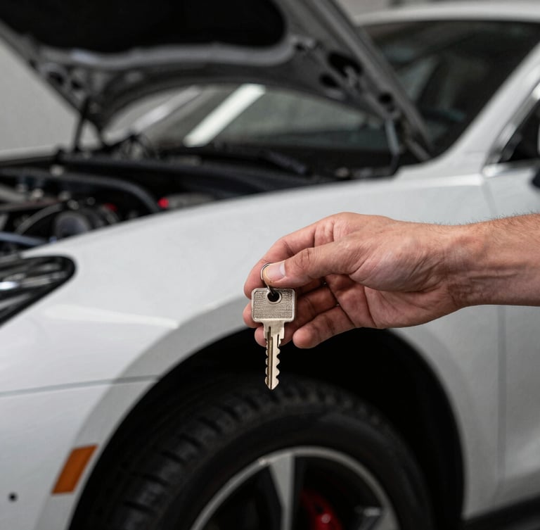 Keys being handed over inside a cool-toned industrial automotive workshop, deep charcoal black and stark white environment, sharp focus on the keys and mechanic's hand, 35mm