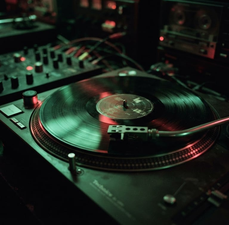 Close-up of a vinyl record spinning on a turntable in a dark basement studio, moody green neon lighting, 35mm grain, high contrast shadows