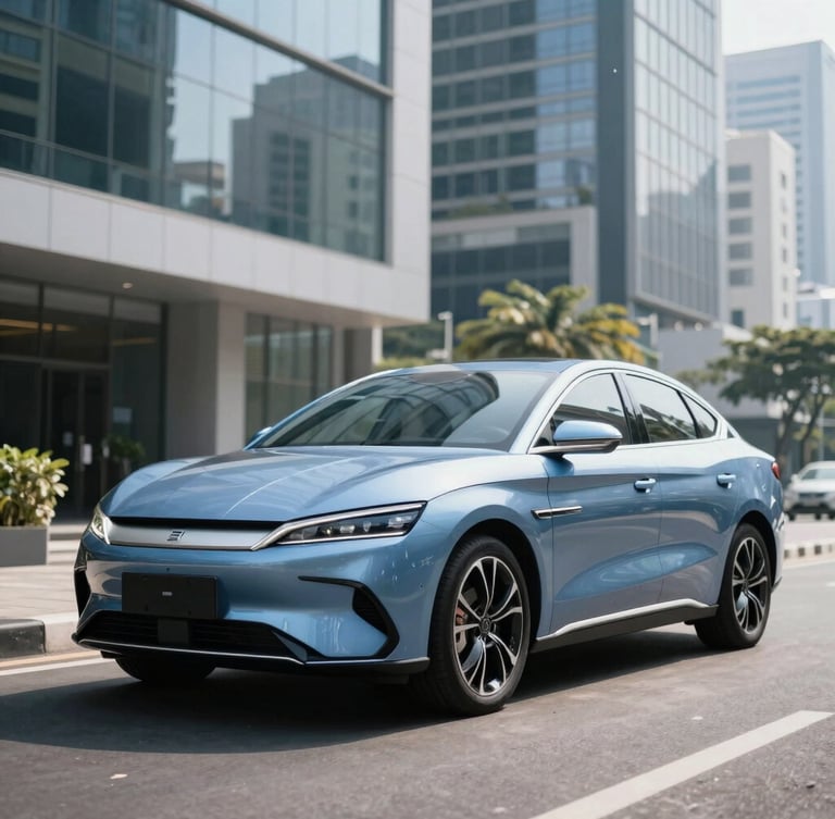 Sleek blue BYD Atto 3 parked on a clean modern street in Jakarta, bright daylight, reflections of skyscrapers, 35mm lens