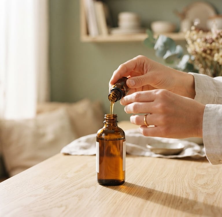 Softly lit hands pouring liquid into an amber glass bottle on a light ash wood surface, shallow depth of field, sunlit, clean home interior.