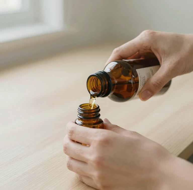 Close-up of soft hands pouring a liquid from an amber glass bottle into another, on a light ash wood surface, sunlit, clean home interior, soft diffused daylight, muted sage and cream tones, shallow depth of field, 35mm