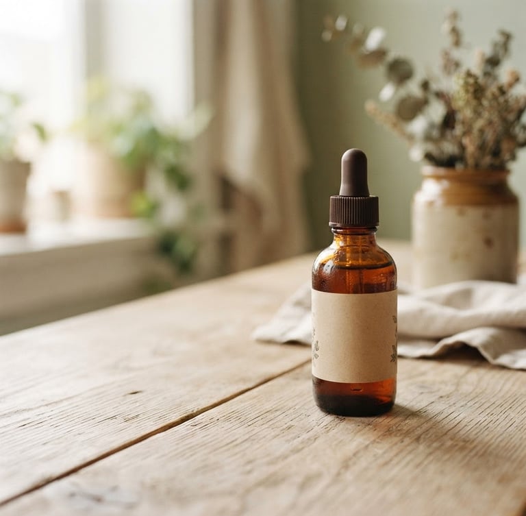 Wide shot of amber glass bottles on a light ash wood surface, soft diffused daylight, shallow depth of field, muted sage and cream tones, with gentle shadows. One bottle slightly off-center to the right, generous negative space on the left.