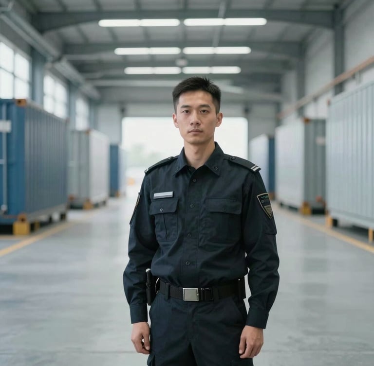 Professional corporate portrait of a field officer in a sharp, dark uniform, standing confidently in a modern, clean logistics terminal. Cool-toned indoor lighting, sharp focus, desaturated industrial tones.
