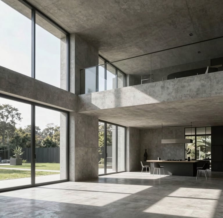 High-fidelity architectural render of a modern concrete residence interior, natural light streaming through large windows