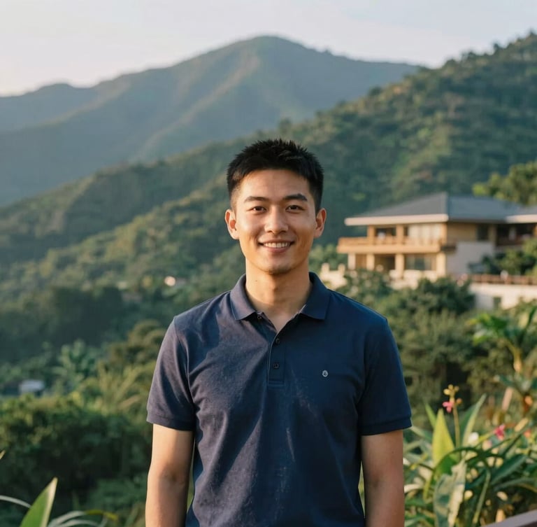 Portrait of a friendly and welcoming host in a natural, lush mountain setting, warm golden-hour light, soft focus background, architectural 35mm