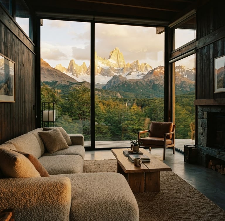 Interior moderno de la villa con grandes ventanales que dan a una vista panorámica de las montañas y el dosel forestal, luz dorada entrando, arquitectura 35mm